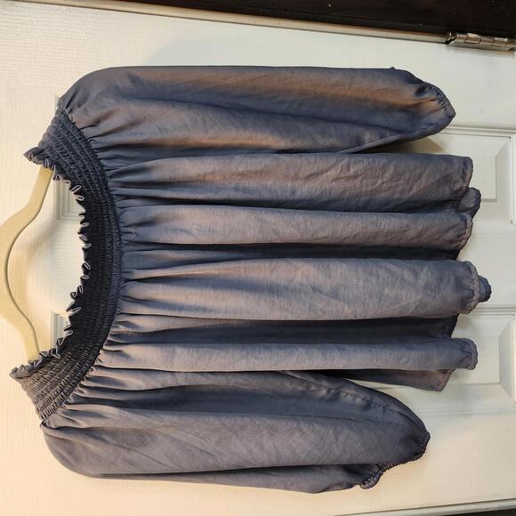 American Eagle Smocked Off-The-Shoulder Satin Top - Dusty Blue- Size Small - Picture 5 of 8